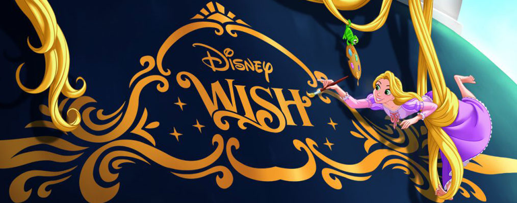 rendering of Rapunzel sculpture from Tangled painting ship name on the stern of the Disney Wish