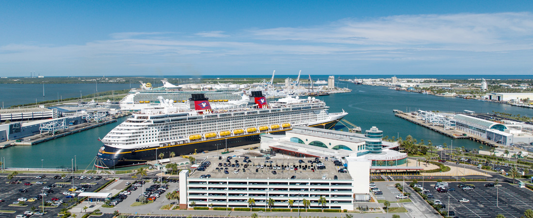 Aerial view of Ships debarking Port Canaveral cruise Disney terminal