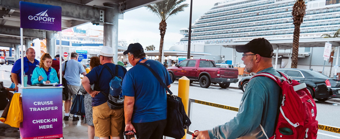 Line of people debarking Port Canaveral cruise