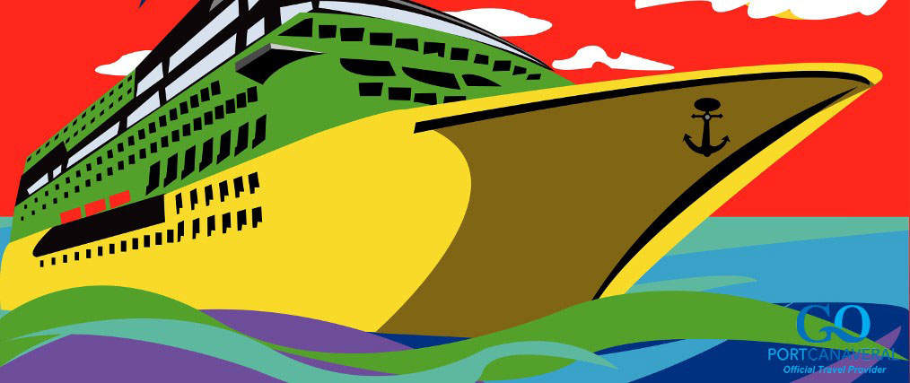 Abstract vector illustration of a cruise ship with a palm clouds above it and a lemon instead of the sun. Image is in pop-art style.