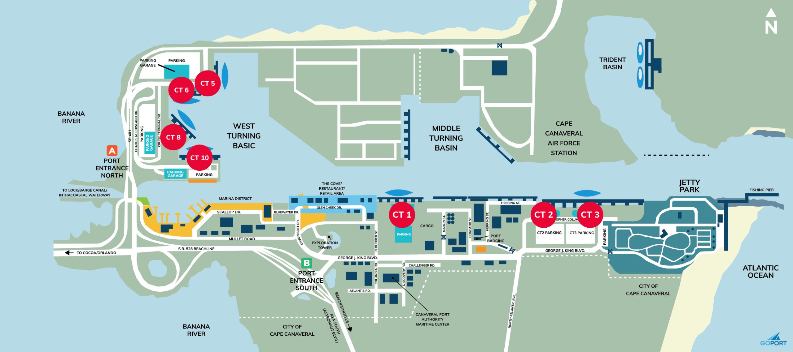 Map of Port Canaveral Cruise terminals marked with red pins for each