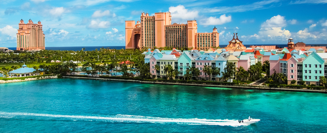 Beautiful scene of Nassau Bahamas landscape with speed boat