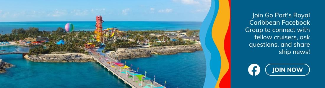 Aerial view of CocoCay and message banner text says "Join Go Port's Royal Caribbean Facebook Group to connect with fellow cruisers, ask questions, and share ship news!" and "Join Now" button and Facebook icon