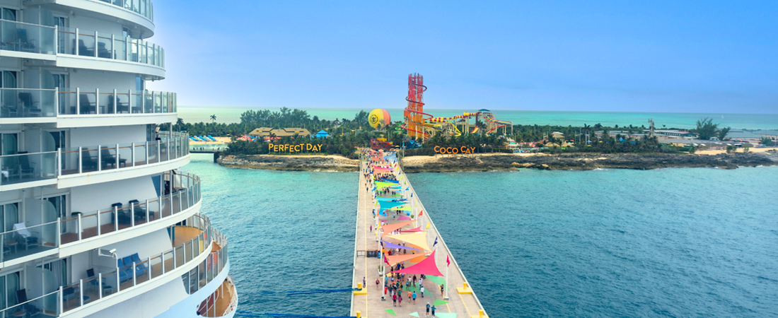 Royal Caribbean ship approaching CocoCay island panoramic view