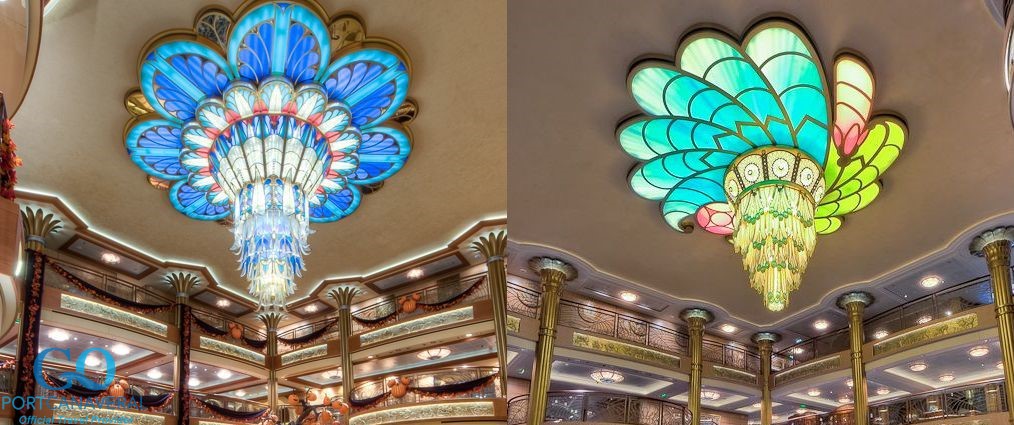 A comparison of chandeliers aboard the Disney Dream left, and the Disney Fantasy right.