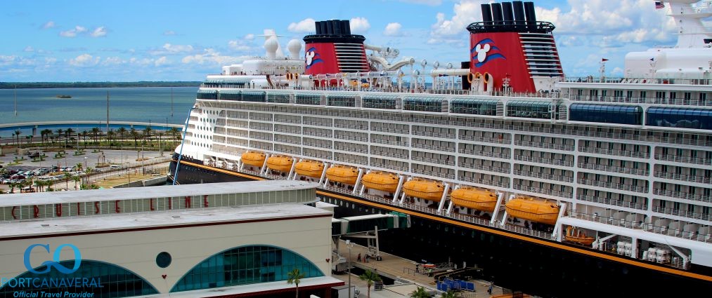 A Disney ship docked at Port Canaveral Florida.