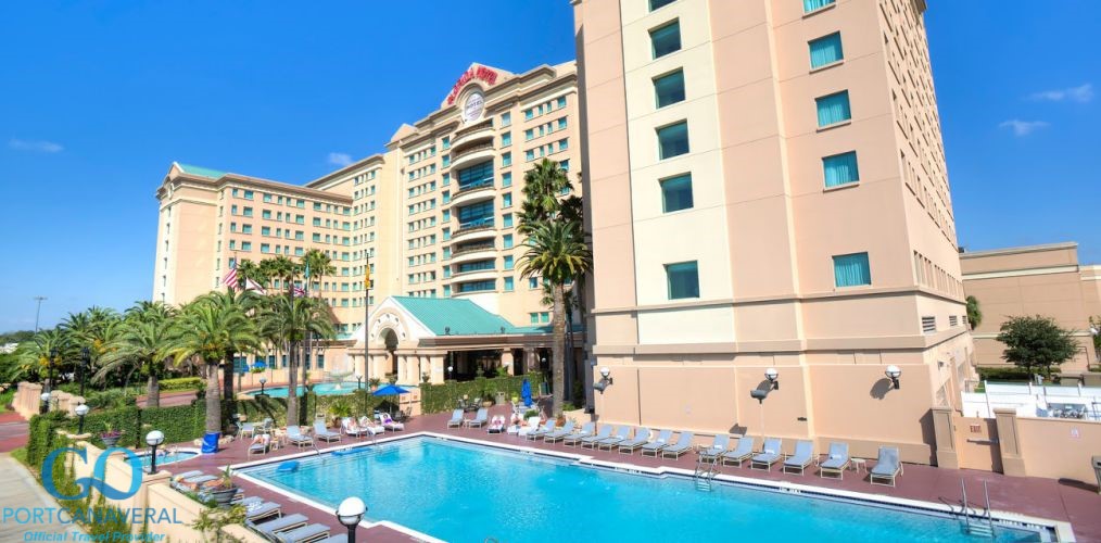 The Florida Hotel exterior viewed from the pool deck.