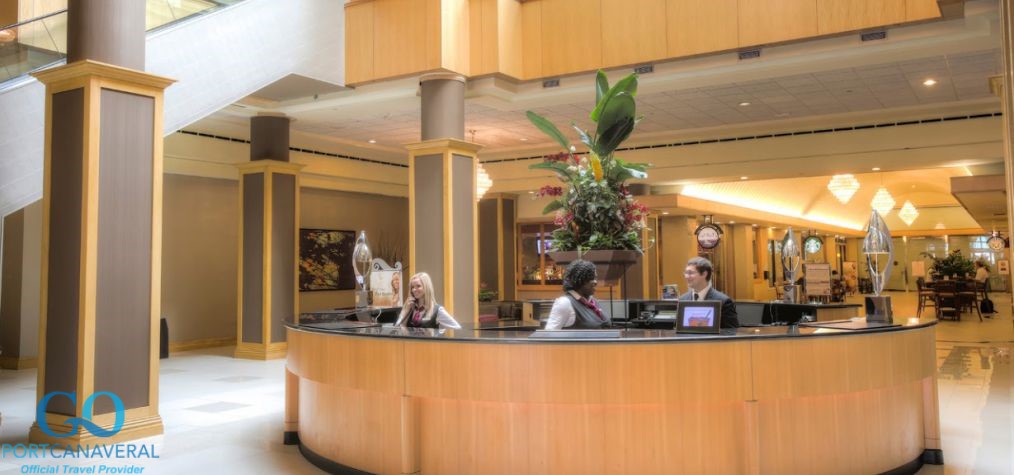 The Florida Hotel lobby front desk with employees present