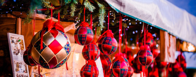 Colorful Christmas decorations on Trentino Alto Adige Italy Christmas market