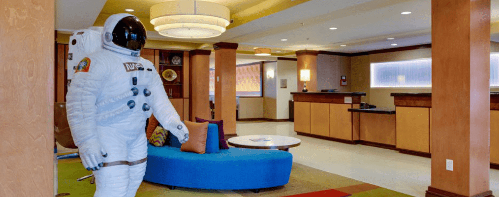 Fairfield Inn Titusville Kennedy Space Center main lobby showing astronaut statue
