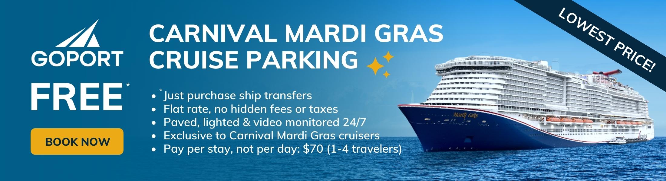 Carnival Mardi Gras Free Port Canaveral Parking with "Book Now" button