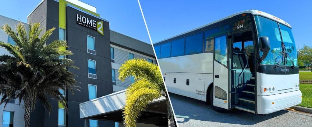 Collage showing exterior of Home2Suites By Hilton at Orlando Airport with Cruise Shuttle