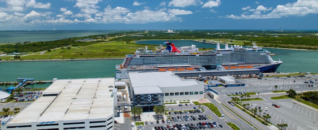 Drone view of Cruise terminal 3 with Carnival Mardi Gras anchored at Port Canaveral