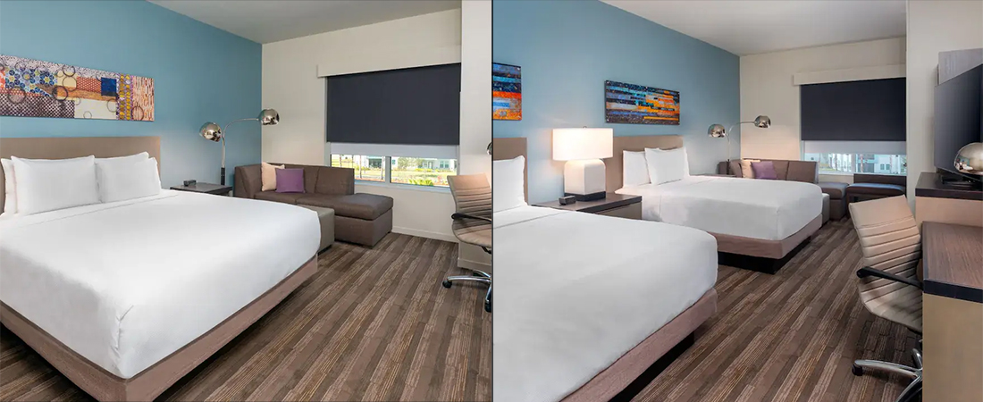 Split image: (Image 1) One king bed room with white luxury pillowtop mattress, blackout shades, light blue wall, 55" black flat-screen TV, brown couch in the corner of the room, brown chair, and brown desk & (Image 2) Two queen beds room with white luxury pillowtop mattresses, blackout shades, light blue wall, 55" black flat-screen TV, brown couch in the corner of the room, brown chair, and brown desk 