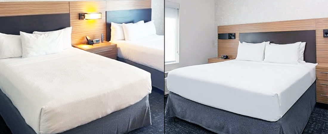 2 split images of towneplace suites orlando airport's 2 kinds of rooms: two queen beds white sheets room (first image) and one king bed room white sheets (second image)