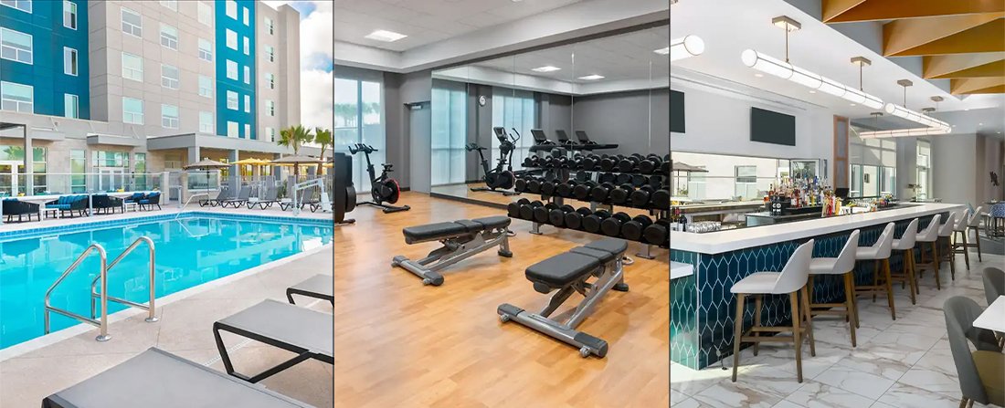 3 split images: (Image 1) blue pool with grey lounge chairs by the poolside, (Image 2) fitness center with mirrors, black dumbbell rack, two black adjustable lifting bench seats, one black cycling peloton, three black treadmills, (Image 3) modern bar with multiple white high top seats and seated dining tables against the wall