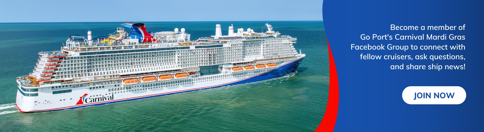 Aerial view of the Carnival Mardi Gras in the open sea with text on the right that reads Become a member of Go Port's Carnival Mardi Gras Facebook Group to connect with fellow cruisers, ask questions, and share ship news! and yellow Join Now button