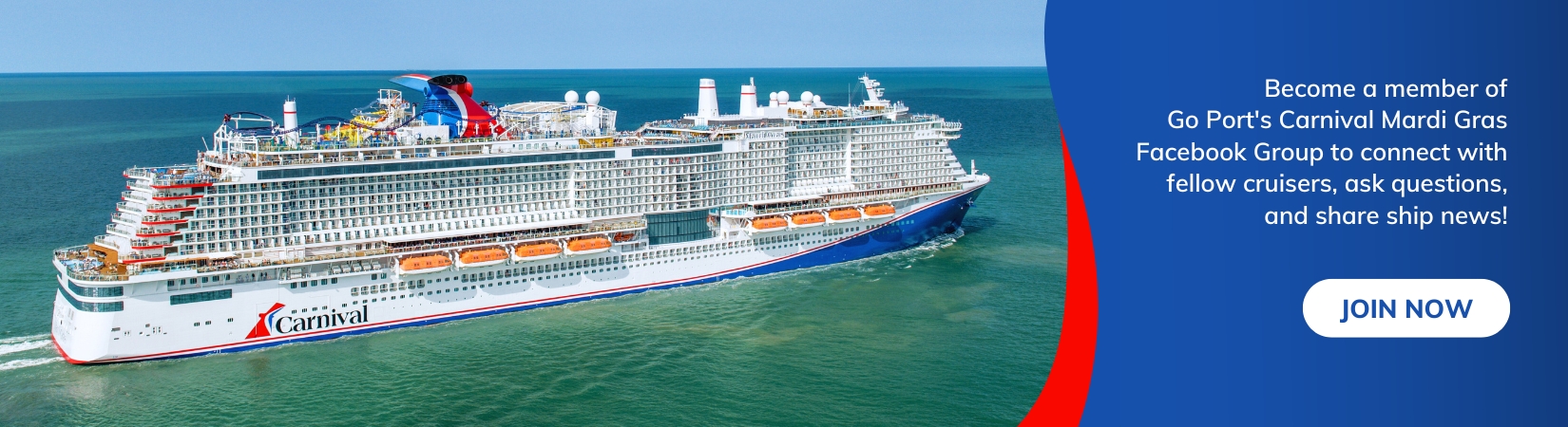 Aerial view of the Carnival Mardi Gras in the open sea with message on the right: "Become a member of Go Port's Carnival Mardi Gras Facebook Group to connect with fellow cruisers, ask questions, and share ship news! Join Now"