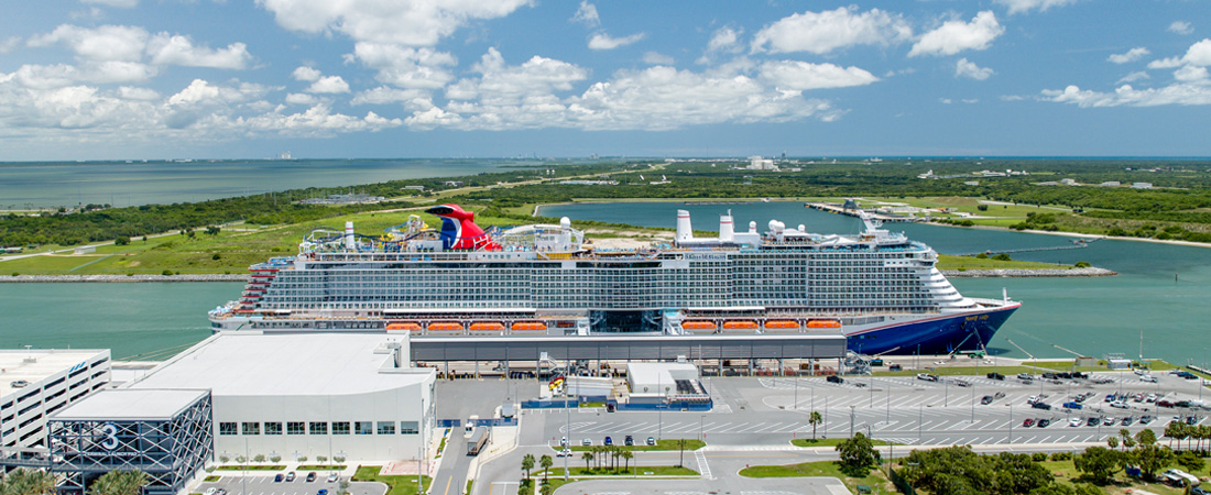 Aerial view of the Carnival Mardi Gras disembark at terminal 3, cruising from Port Canaveral