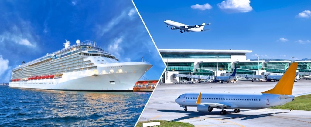 Collage showing Cruise ship in Port Canaveral on the left and planes at the Orlando airport on the right