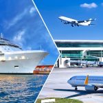 Collage showing Cruise ship in Port Canaveral on the left and planes at the Orlando airport on the right