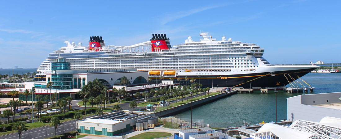 Disney Wish ship at Port Canaveral Disney Cruise Line terminal panoramic view