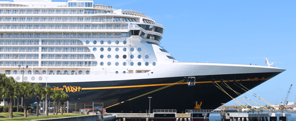 Side view of the front half of the Disney Wish cruise ship ready for passengers to disembark at Port Canaveral