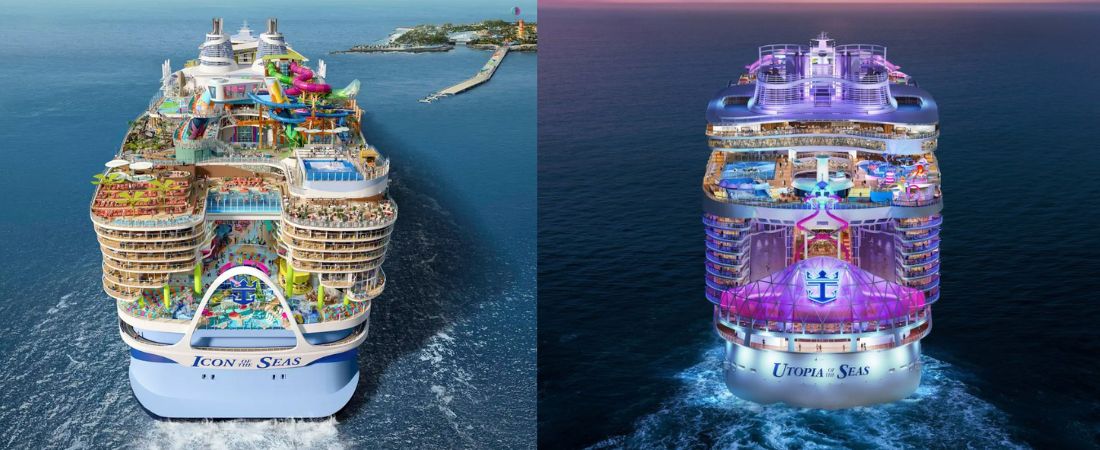 Split image of the Icon of the Seas sailing at sea during the day (left side image) and Utopia of the Seas sailing at sea at night (right side image) 