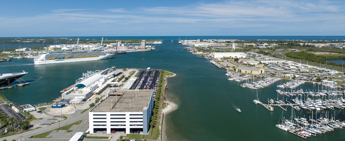 Aerial view of Port Canaveral cruise terminals a Royal Caribbean ship at dock