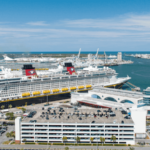 Aerial shot of Disney Cruise line docked at Port Canaveral.