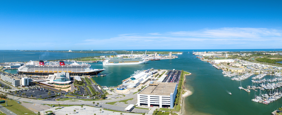 Panorama of Port Canaveral featuring Disney and Royal Caribbean ships
