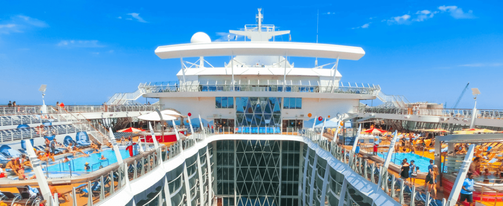 Onboard cruise ship top deck with pools