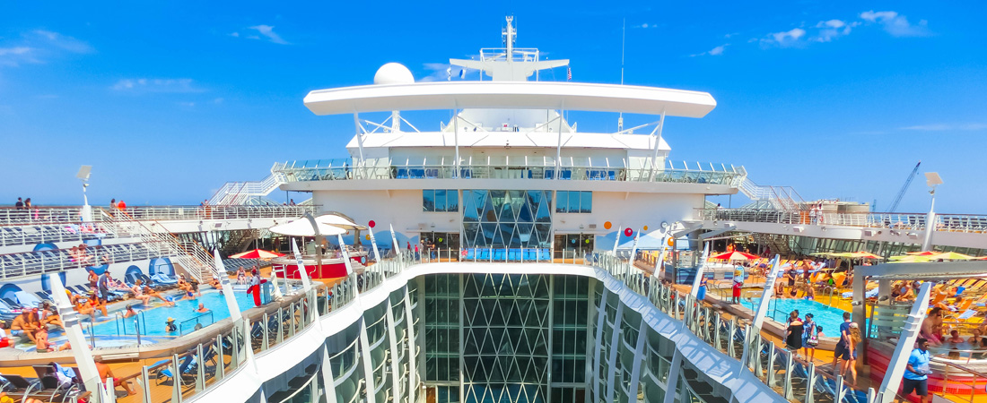 Onboard cruise ship top deck with pools