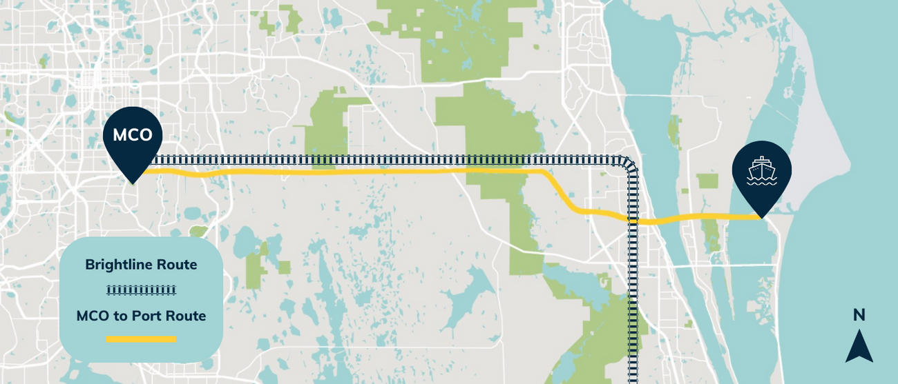 Map of Orlando Brightline Route and MCO to Port Canaveral