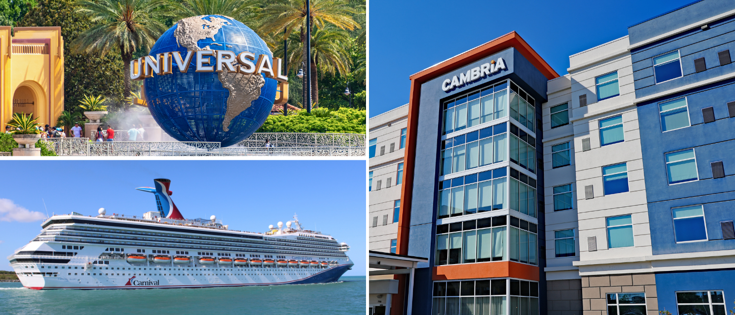 Universal Studios, Cambria Orlando Airport Hotel, and Carnival Cruise