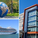 Collage showing globe at Universal studios, Carnival cruise ship, and Cambria hotel in Orlando, showcasing airport hotel options before a cruise