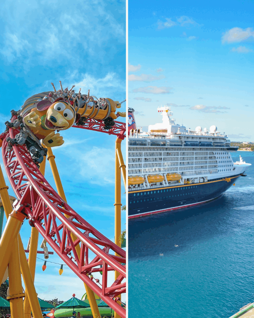 cruise ships and walt disney world slinky dog dash rollercoaster ride.