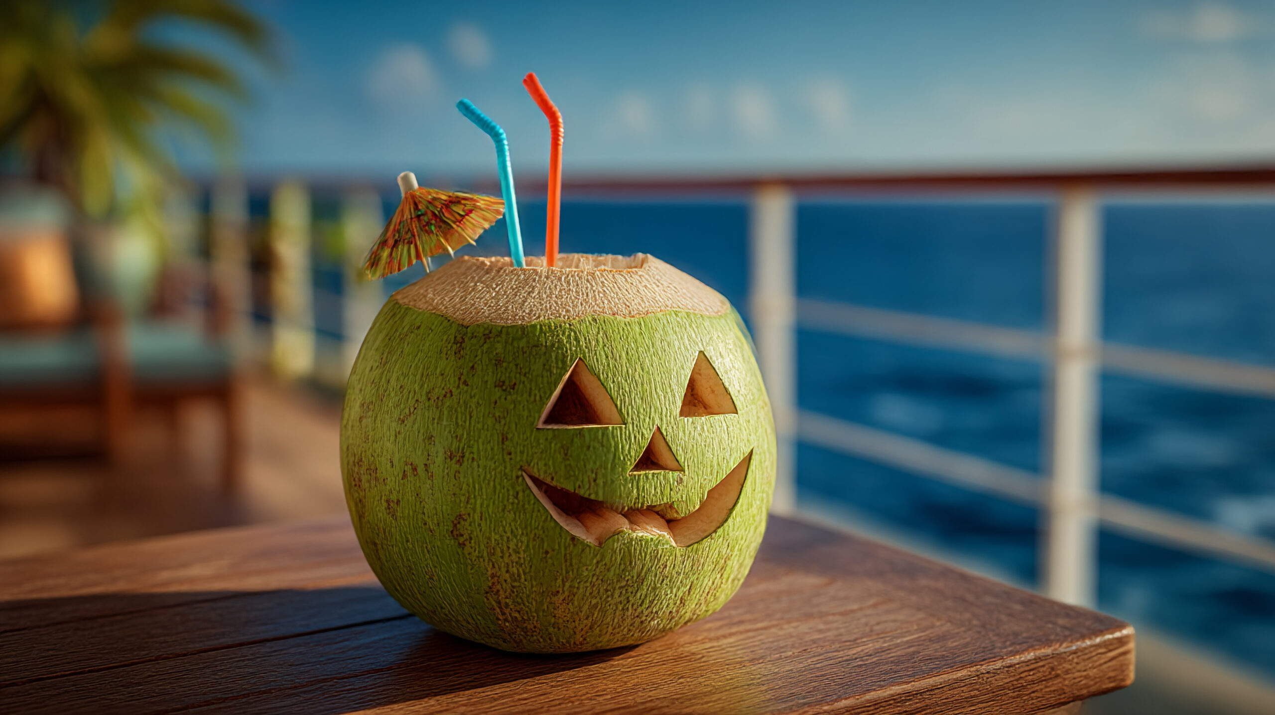 Halloween jack-o’-lantern carved from a coconut on the beach