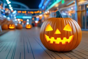 Jack-o’-lantern on a cruise ship deck during a Halloween cruise from Port Canaveral