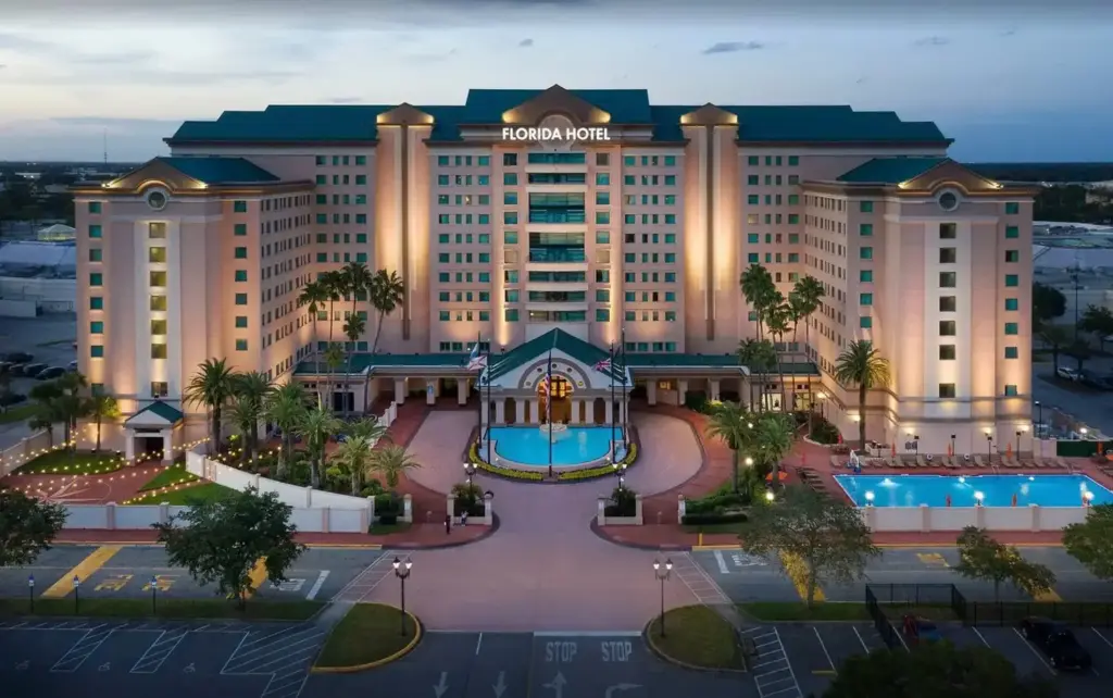 Florida Hotel exterior at night.