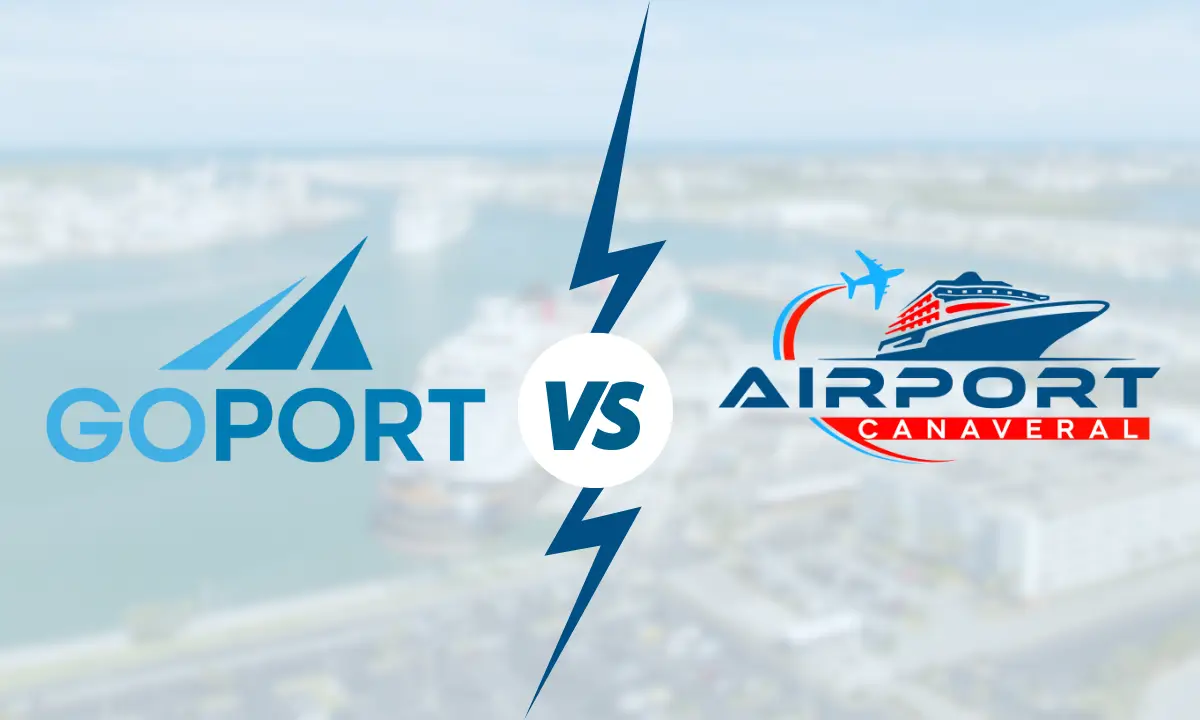 illustration showing go port logo vs airport canaveral logo with port canaveral in the background