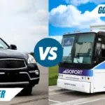 black car with the word uber on the left vs large shuttle bus on highway with the text Go Port on the right
