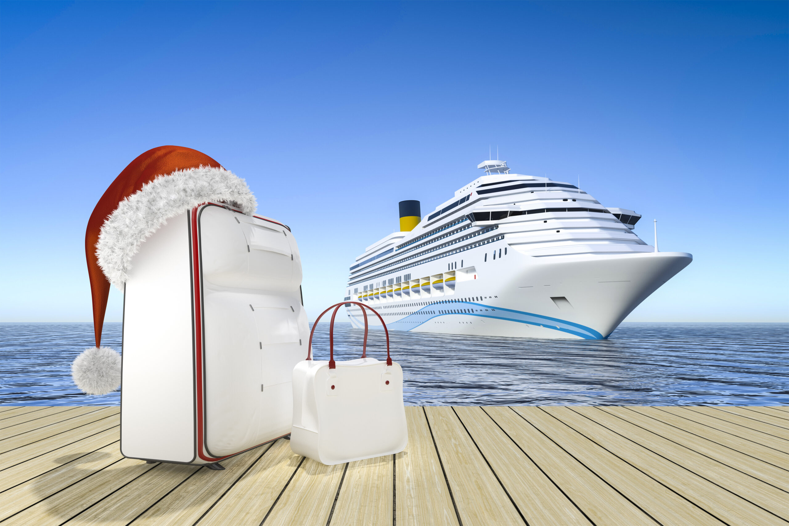christmas suitcases with a cruise ship at the port canaveral