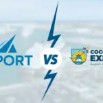 illustration showing go port logo vs cocoa beach express logo with port canaveral in the background