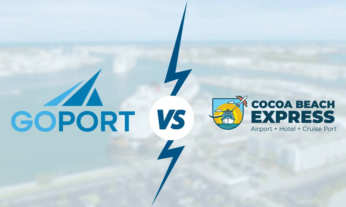 illustration showing go port logo vs cocoa beach express logo with port canaveral in the background