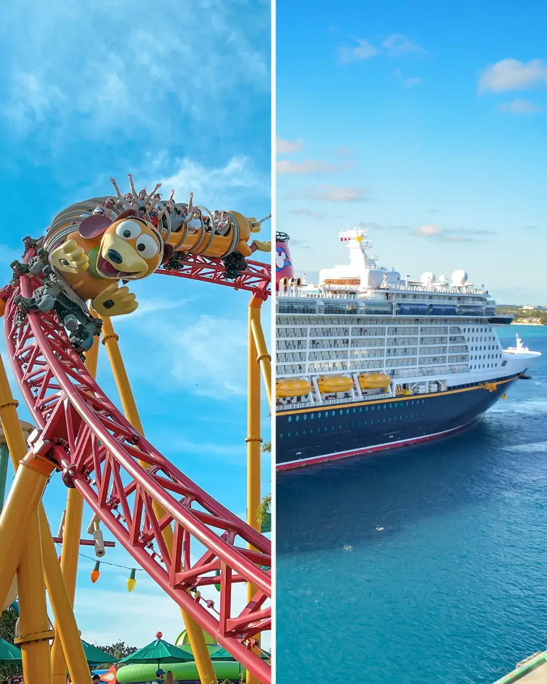 families on a walt disney rollercoaster on one side, on the other a disney cruise setting out for sail.