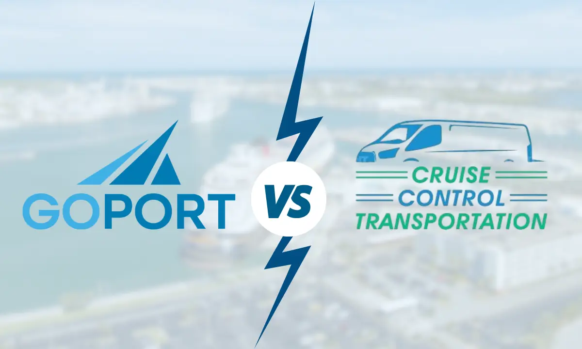 illustration showing go port logo vs cruise control transportation logo with port canaveral in the background