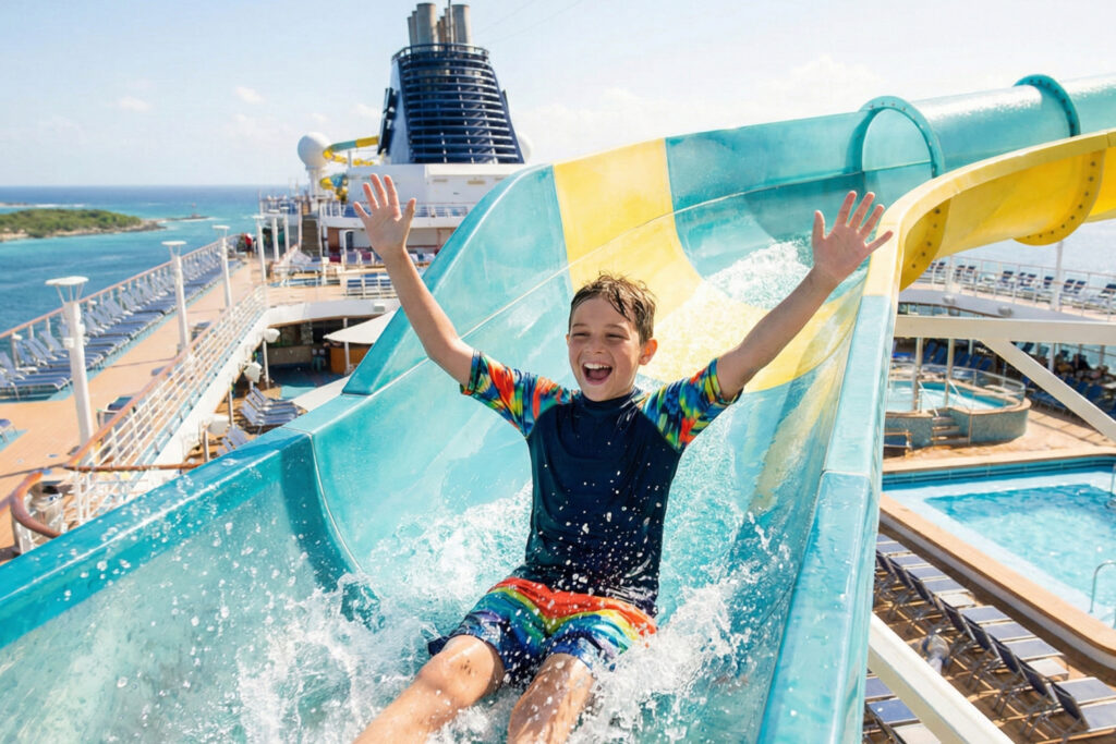 A little boy sliding down one of the waterslides on a cruise ship.