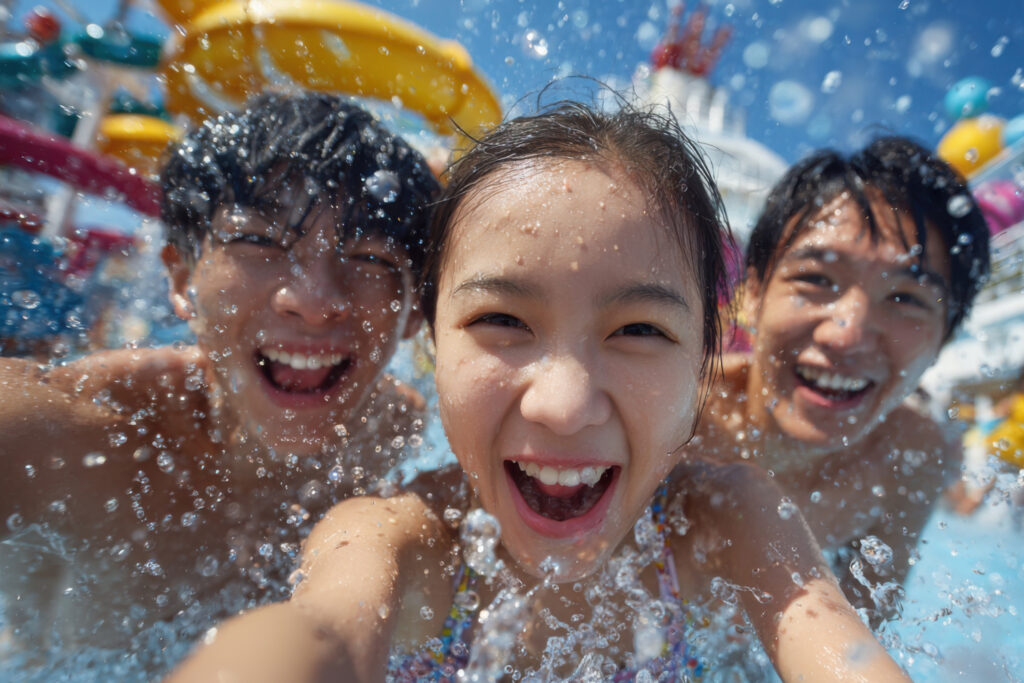 Kids having fun at the pool on a cruise ship.