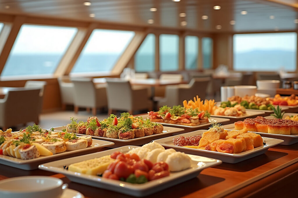 a dining room area filled with meals for cruisers.